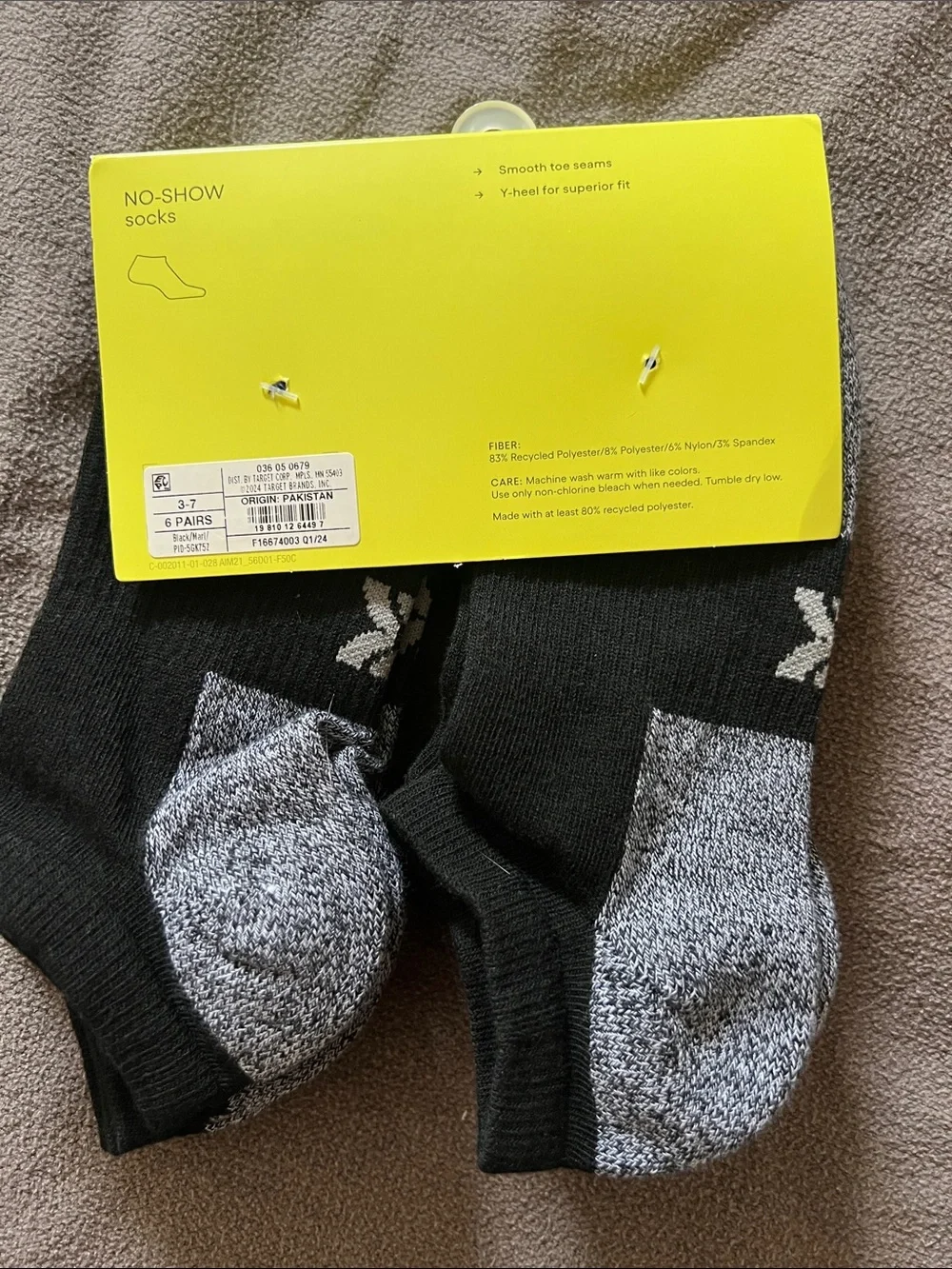 NWT all in motion Black & Gray No-Show Athletic Socks - 6 Pack Size Large